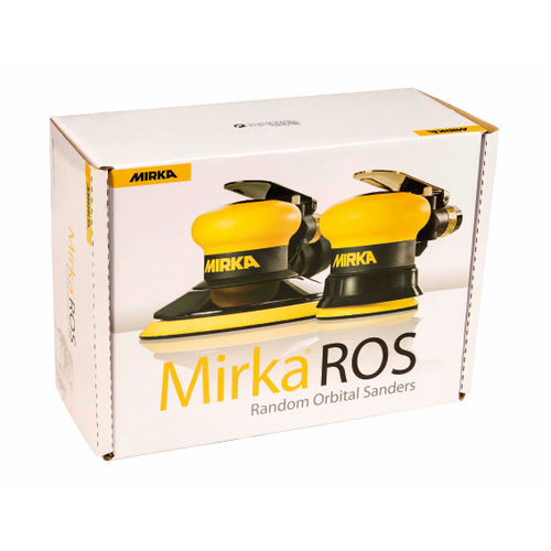 Box of Mirka ROS random orbital sanders with two sanders on the front.