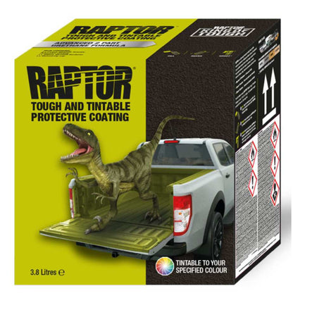 Box of Raptor tough and tintable protective coating with a dinosaur and truck on the packaging.