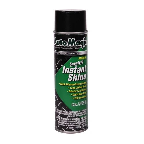 A can of AutoMagic Scented Instant Shine-Silicone-Based Coating with a black cap and green label, detailing the product's uses and benefits.