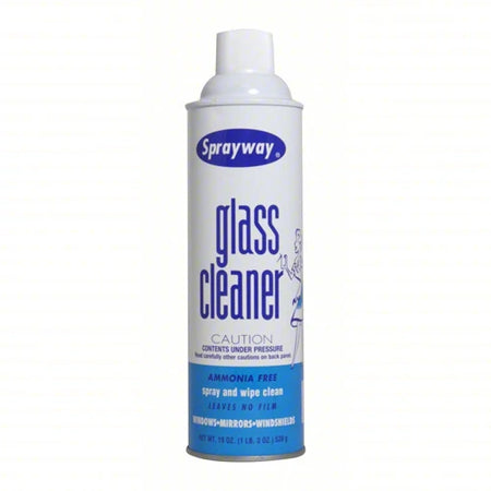 A can of Sprayway Glass Cleaner with a white body and blue label, indicating it is ammonia-free with a pH between 2 and 3.