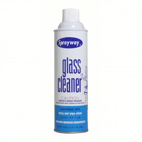 A can of Sprayway Glass Cleaner with a white body and blue label, indicating it is ammonia-free with a pH between 2 and 3.