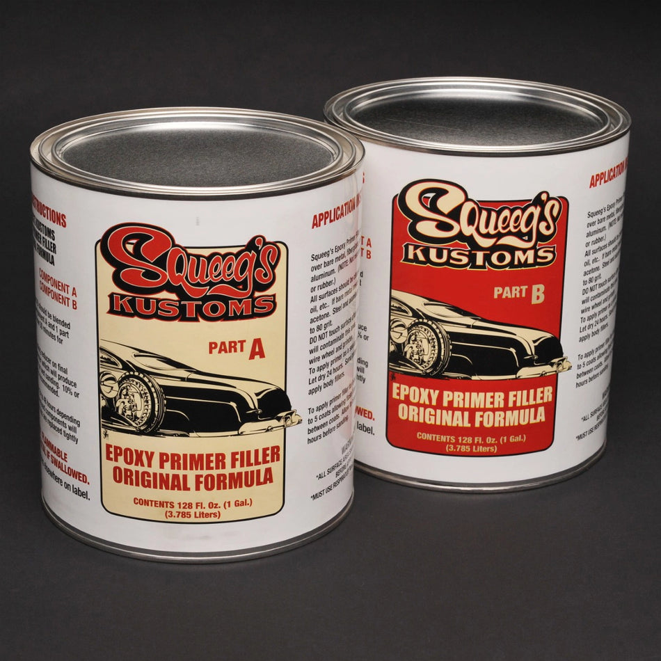 Two cans of Queeze's Kustoms epoxy primer filler on a black background