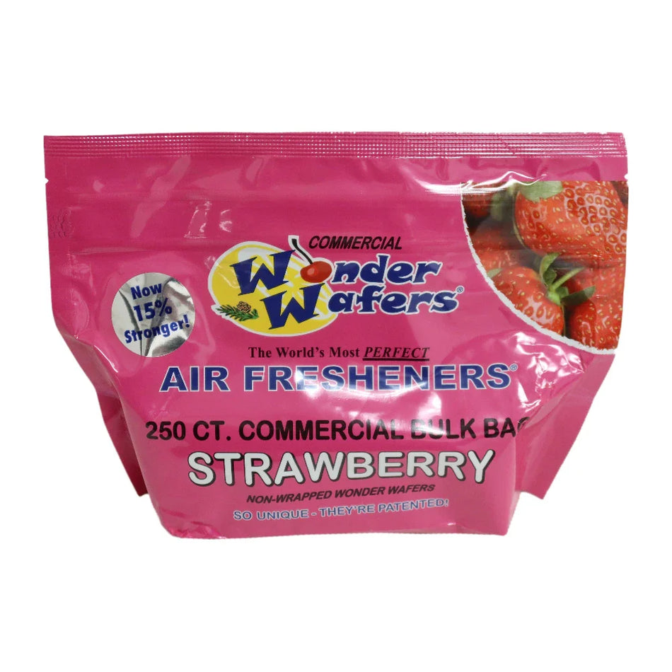 A package of Wonder Wafers air fresheners in strawberry flavor, with a count of 250. The packaging is predominantly pink with an image of the wafers and strawberries in the top right corner.