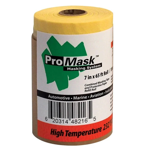 A roll of ProMask Masker-Masking System paper in yellow packaging, indicated for use in automotive, marine, and aviation applications.