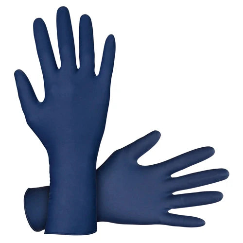 A pair of blue powder-free latex gloves designed for heavy-duty tasks.