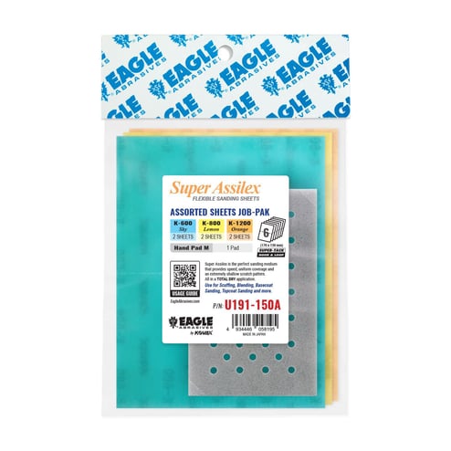 Pack of Eagle Assilex sanding sheets with a clear plastic cover on a white background.