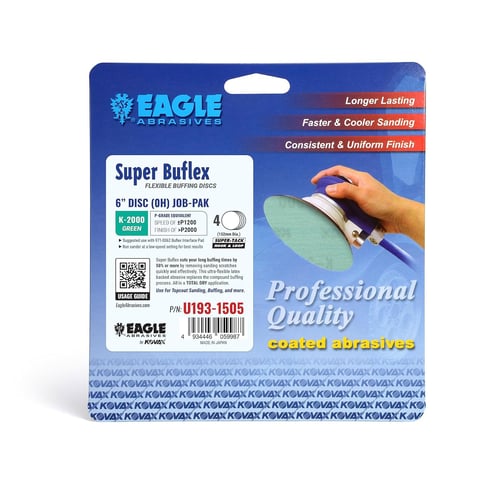 Eagle Abrasives Super Bufflex packaging with a hand holding a sanding disc.