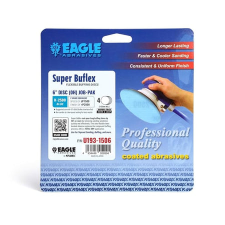 Eagle Abrasives Super Buflex packaging with a hand holding a sanding disc.