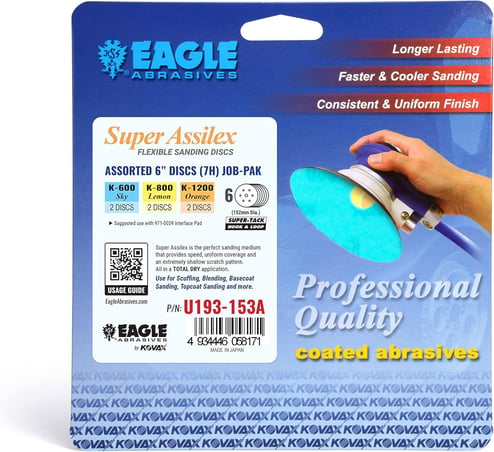 Eagle Abrasives Super Assilex sanding disc packaging with a hand holding a sander.