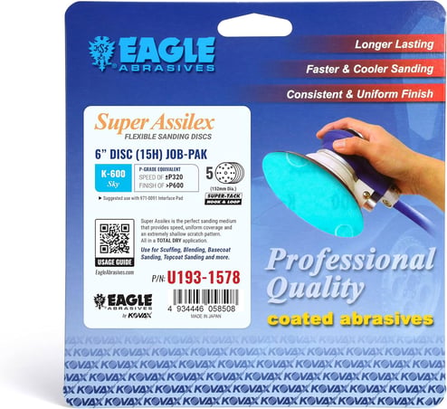 Eagle Abrasives sanding disc packaging with a hand holding a sanding tool.