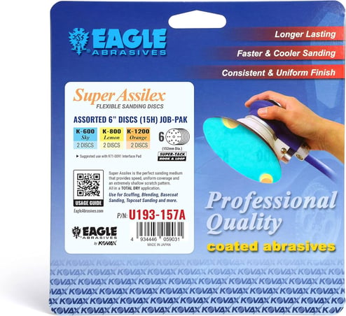 Eagle Abrasives Super Assilex sanding disc packaging with a hand holding a sanding tool.