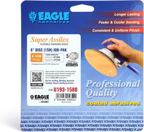 Eagle Abrasives sanding disc packaging with a hand holding a sander.