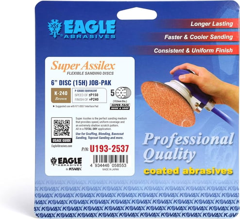 Eagle Abrasives sanding disc packaging with a hand holding a sander.