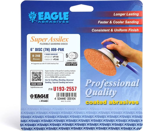 Eagle Abrasives Super Assilex sanding disc packaging with a hand holding a sander.