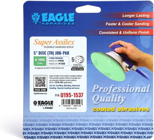 Eagle Abrasives Super Assilex sanding disc packaging with a hand holding a sander.