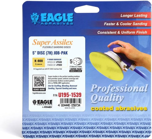 Eagle Abrasives sanding disc packaging with a hand holding a sander.