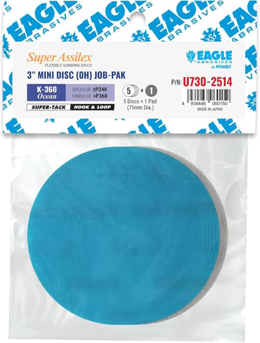 Packaged blue sanding disc with Eagle Abrasives branding on a white background