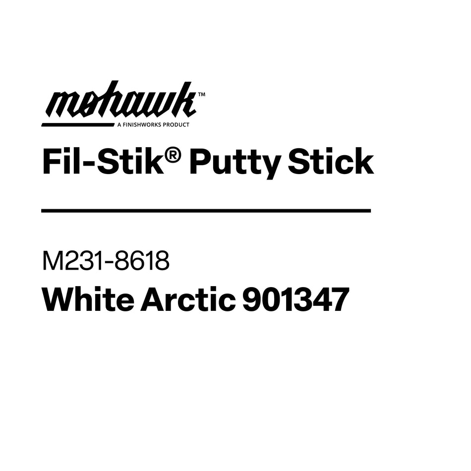 Label for Mohawk Fil-Stik Putty Stick in White Arctic color on a white background