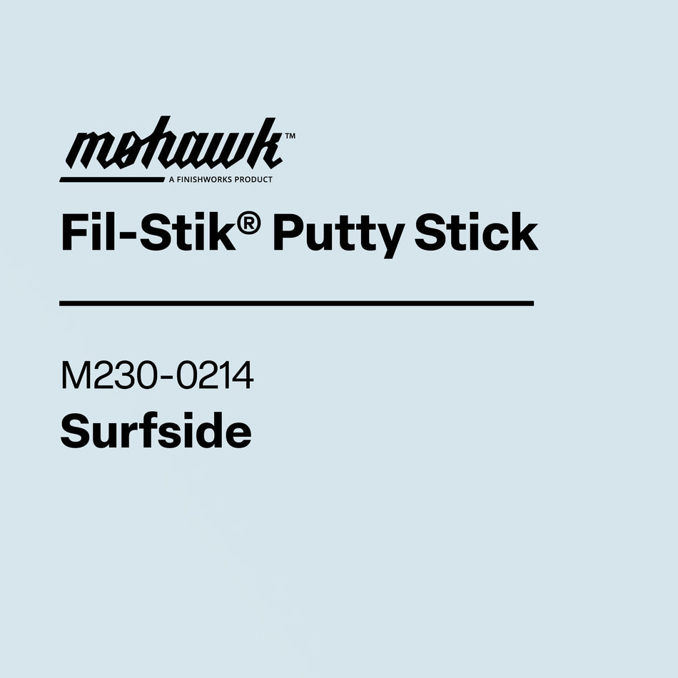 Product label for Mohawk Fil-Stik Putty Stick with color code Surfside on a light blue background