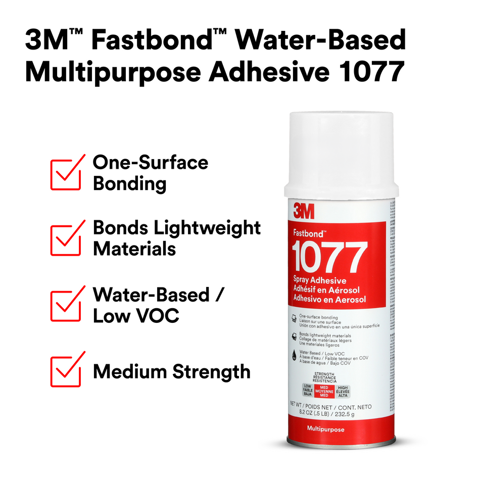3M Fastbond Water-Base Multipurpose Adhesive 1077, Low VOC <6%, Neutral, Net Wt 8.2 oz