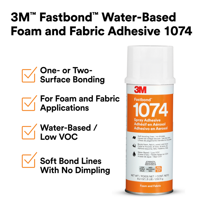 3M Fastbond Water-Based Foam and Fabric Adhesive 1074, Low VOC <6%, Neutral, Net Wt 8.2 oz