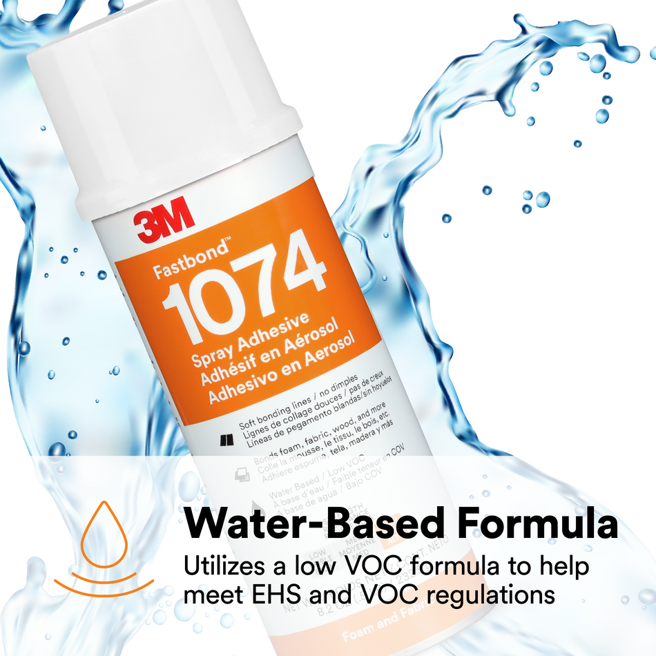 3M Fastbond Water-Based Foam and Fabric Adhesive 1074, Low VOC <6%, Neutral, Net Wt 8.2 oz