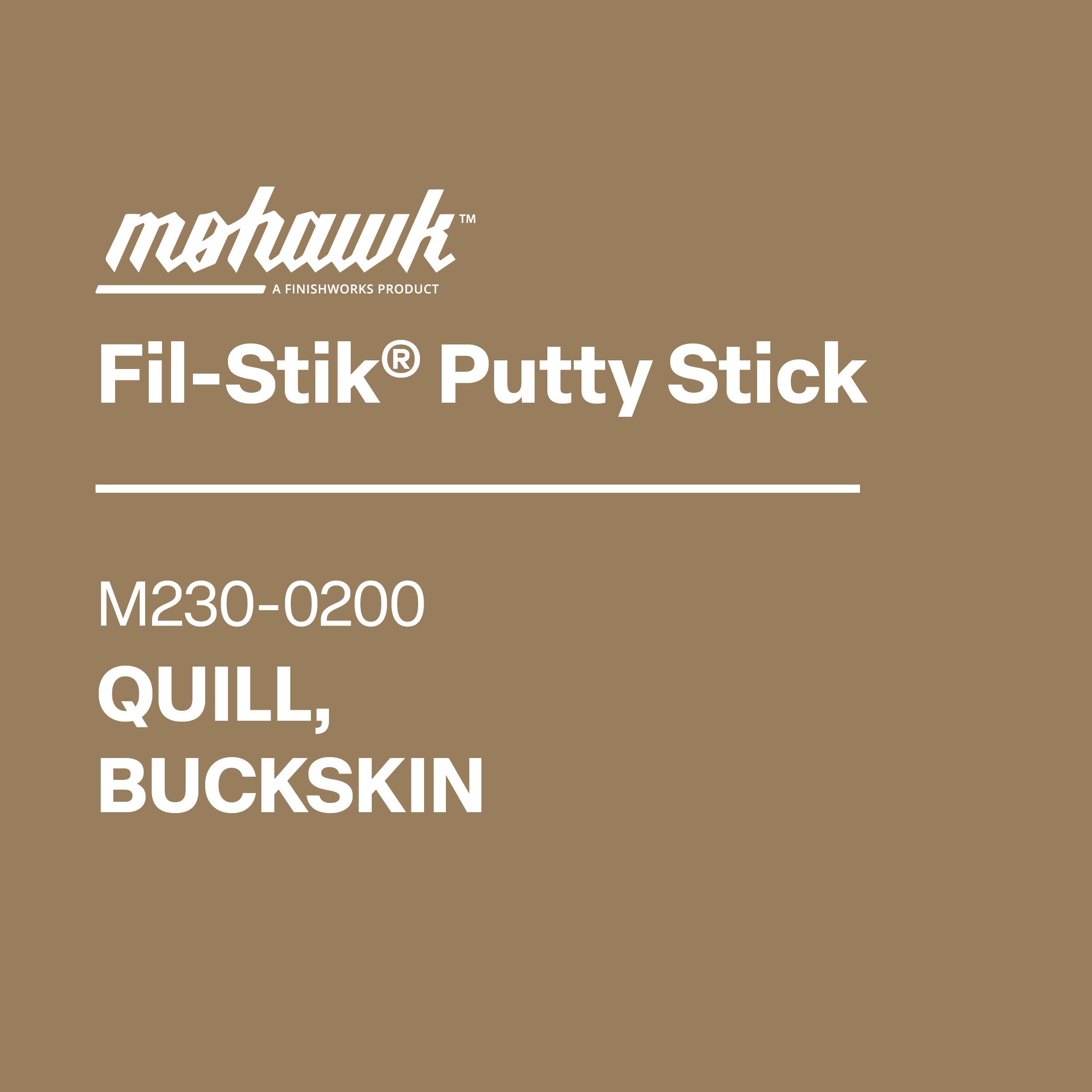 Mohawk Fil-Stik Putty Stick packaging with product details on a brown background