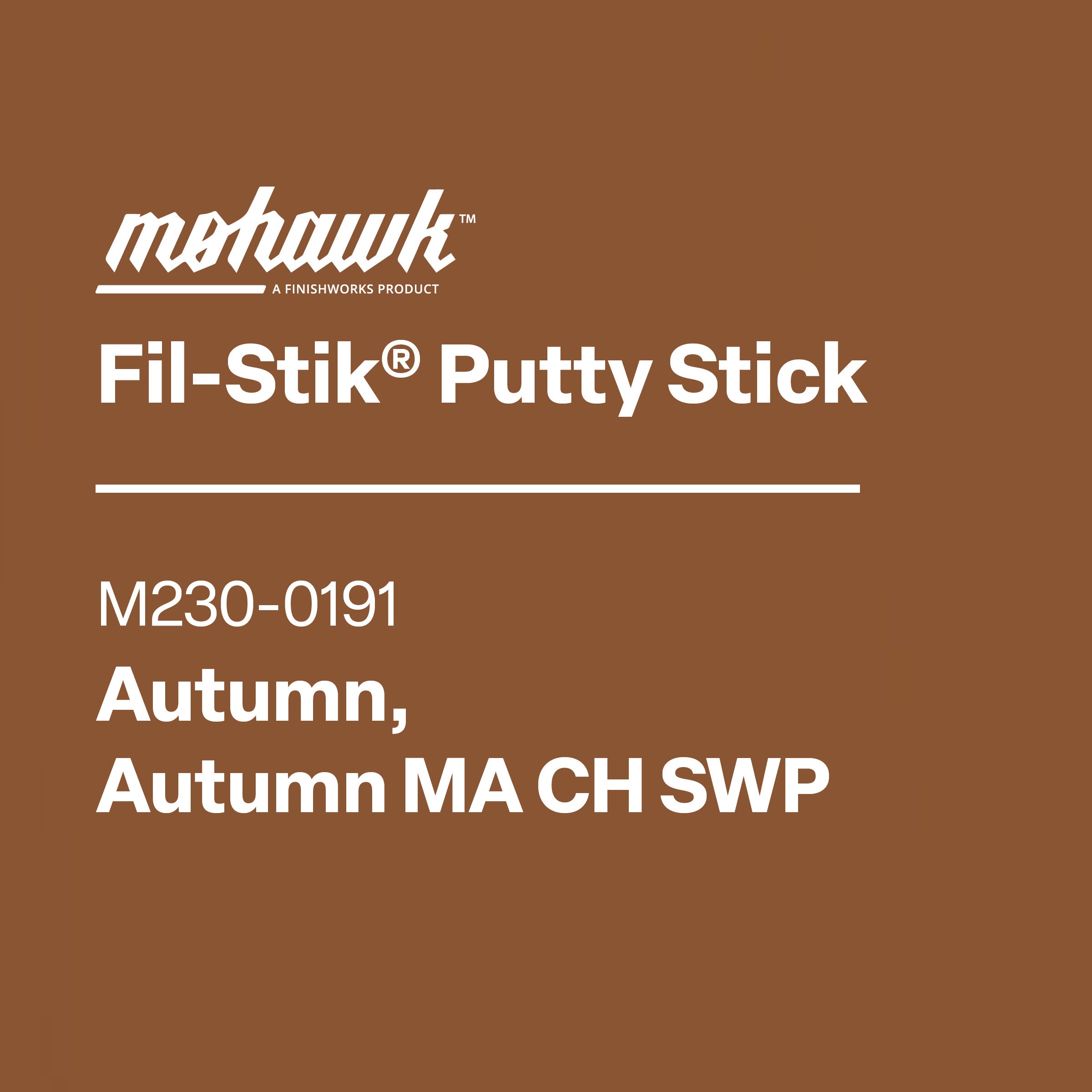 Mohawk Fil-Stik Putty Stick packaging with product details on a brown background
