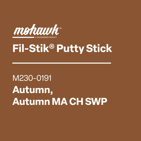 Mohawk Fil-Stik Putty Stick packaging with product details on a brown background