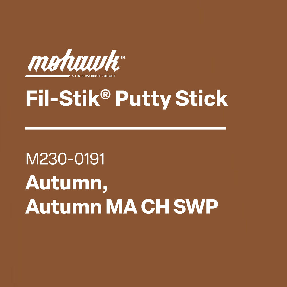 Mohawk Fil-Stik Putty Stick packaging with product details on a brown background