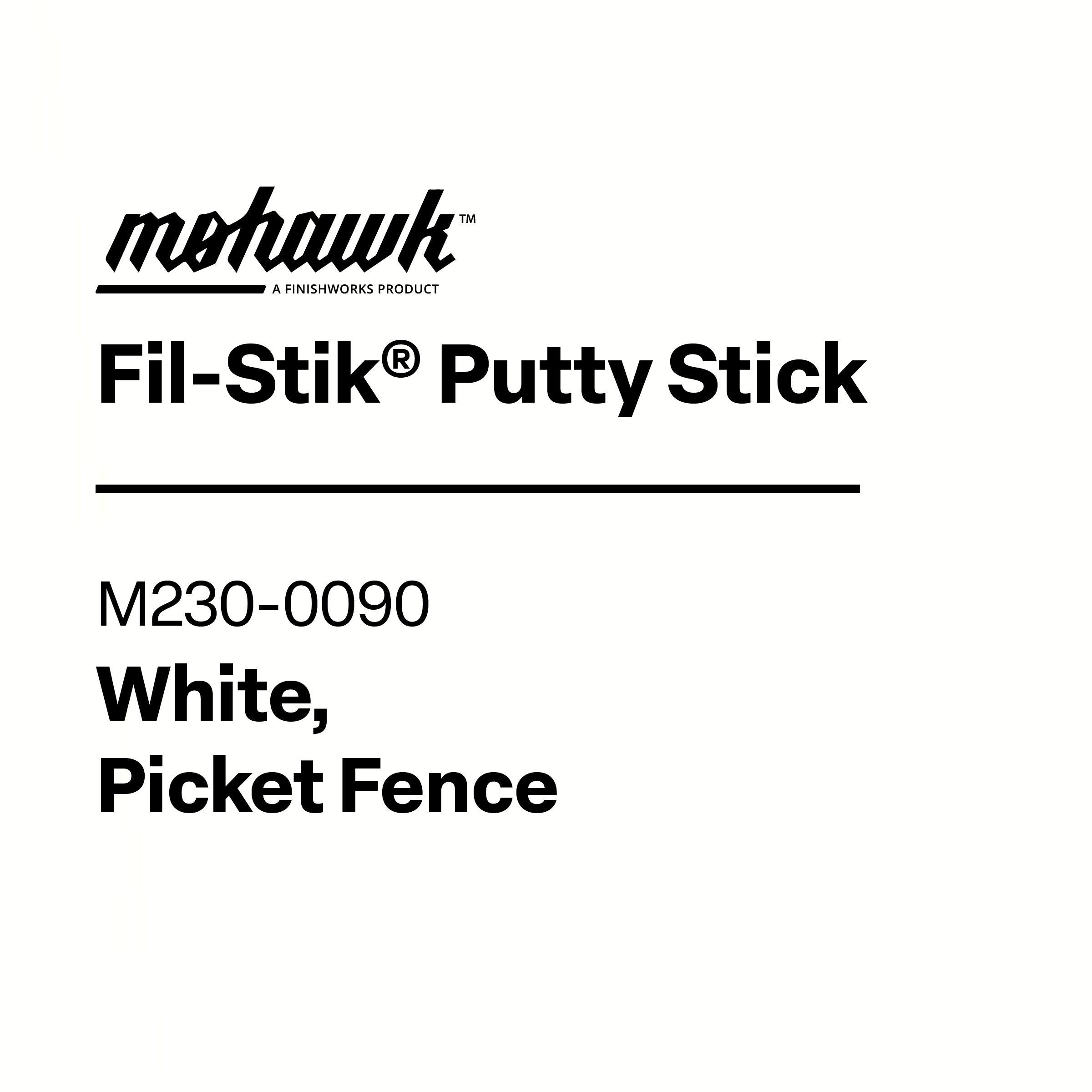 Label for Mohawk Fil-Stik Putty Stick in White, Picket Fence color on a white background