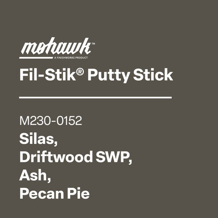Product label for Mohawk Fil-Stik Putty Stick with color options on a gray background