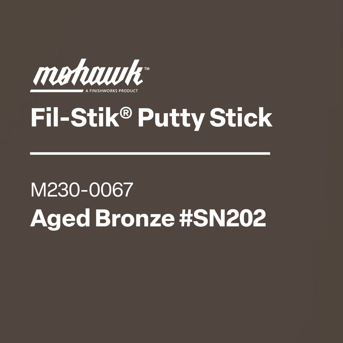 Mohawk Fil-Stik Putty Stick packaging with product details on a brown background