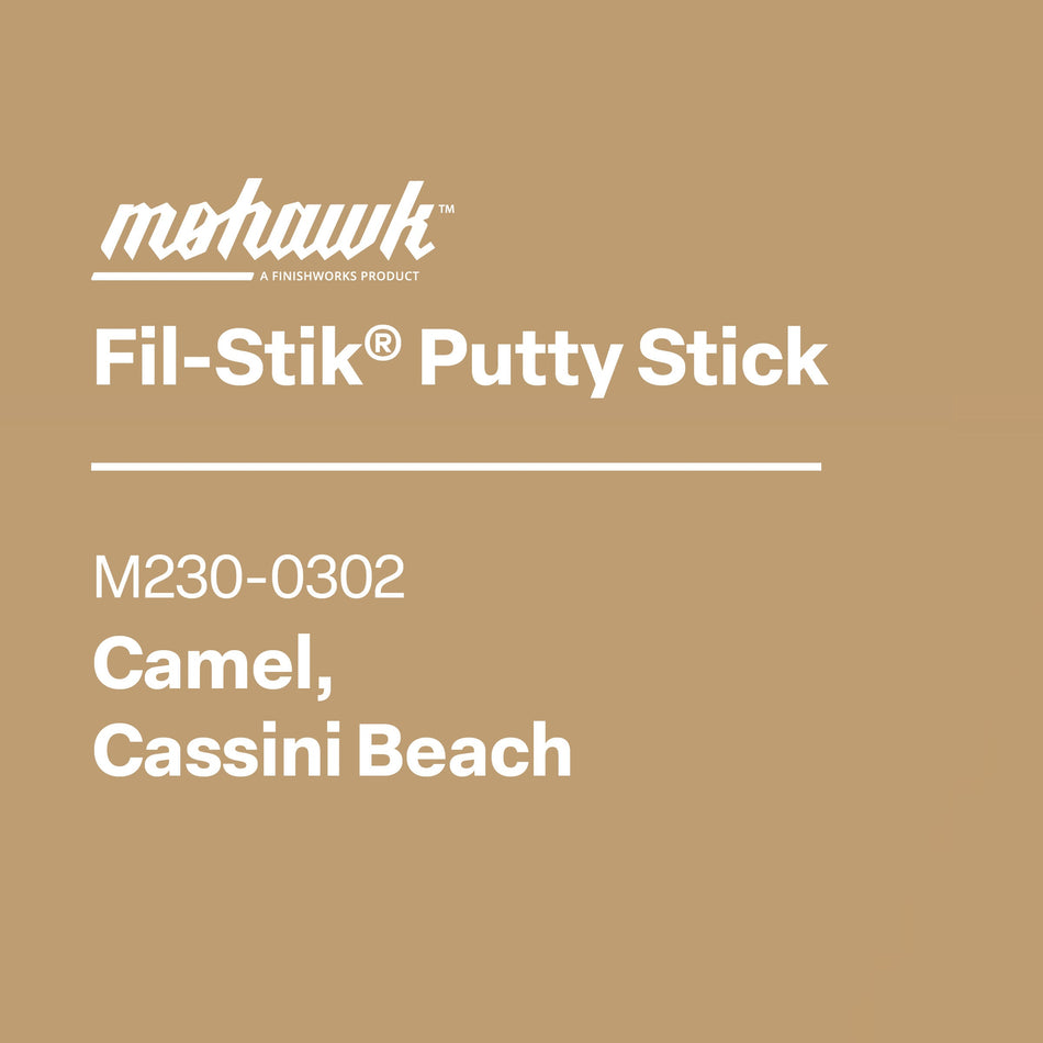Product label for Mohawk Fil-Stik Putty Stick in Camel, Cassini Beach color on a beige background