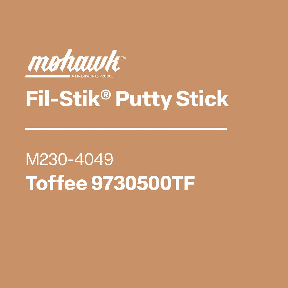 Mohawk Fil-Stik Putty Stick packaging with product details on a brown background