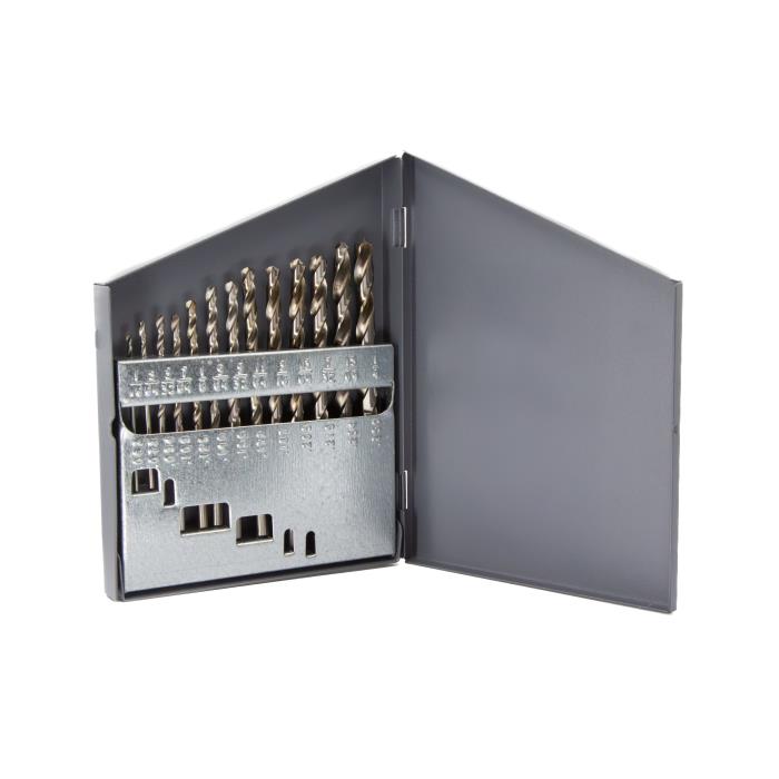 Set of drill bits in an open metal case on a white background