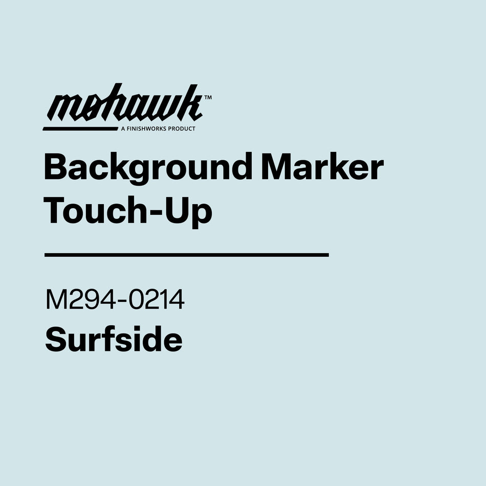 Product label for Mohawk Background Marker Touch-Up in Surfside color on a light blue background
