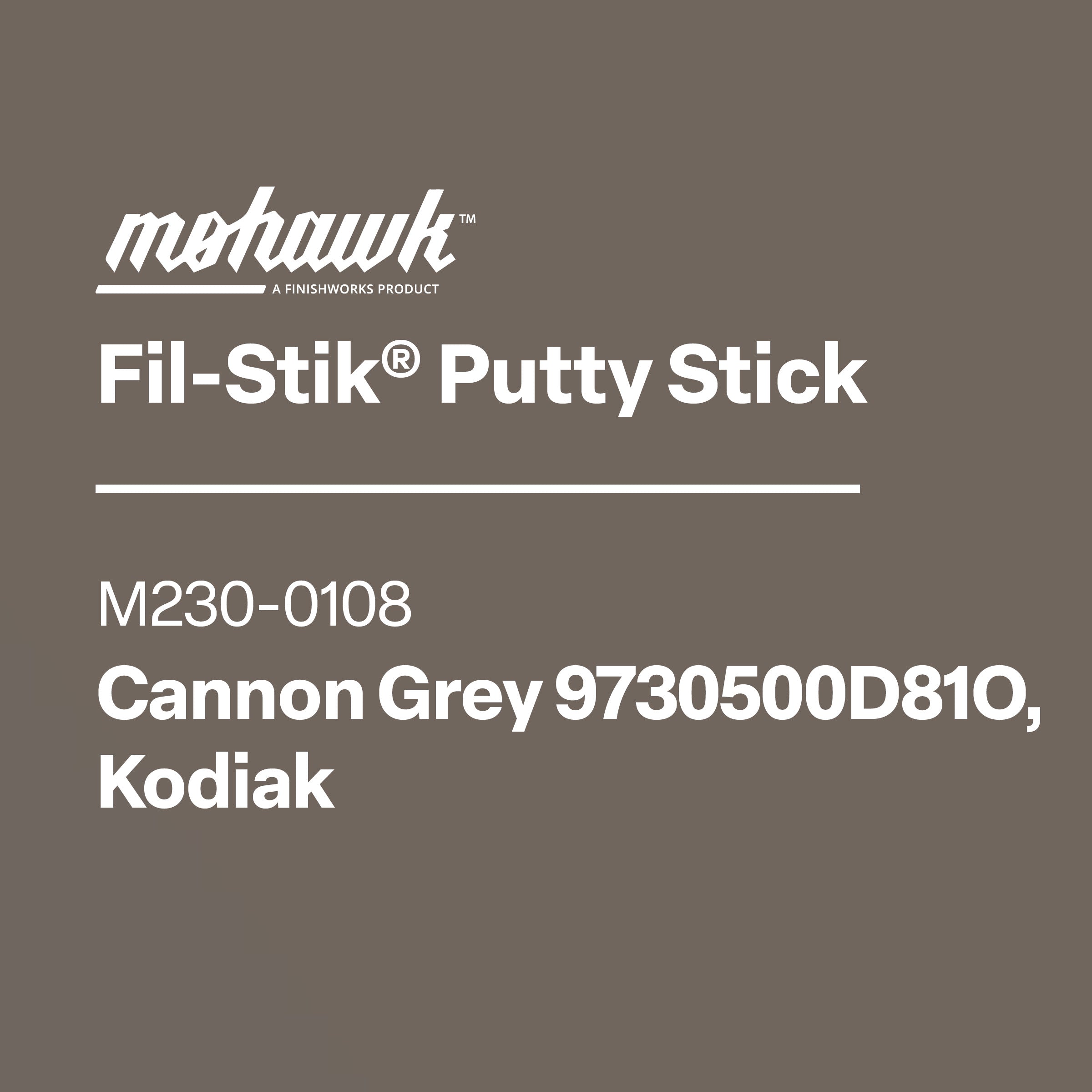 Mohawk Fil-Stik Putty Stick packaging with product details on a brown background
