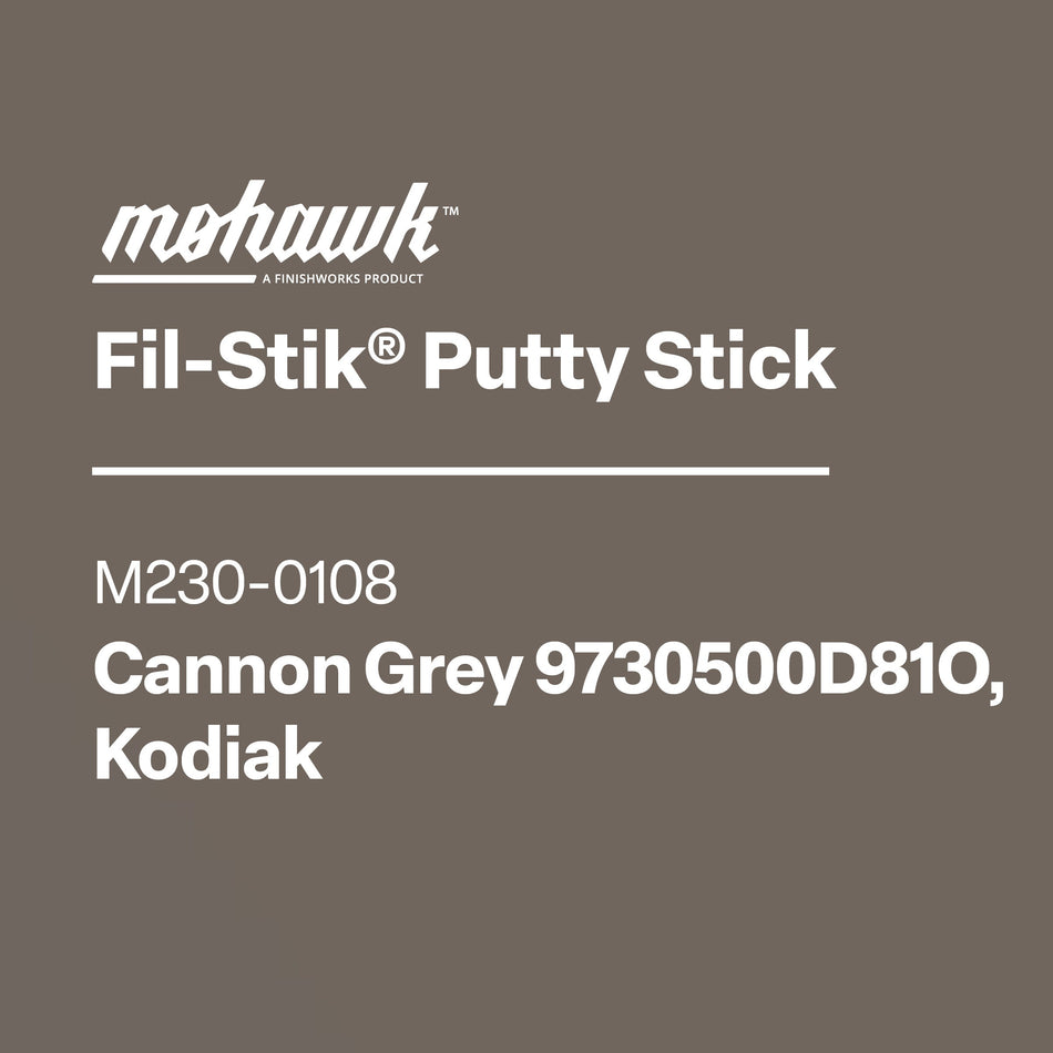 Mohawk Fil-Stik Putty Stick packaging with product details on a brown background