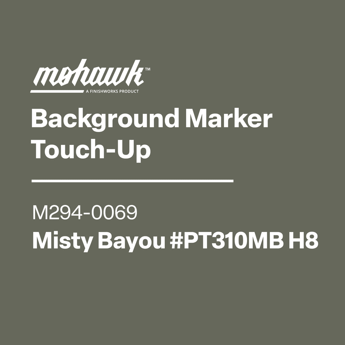 Misty Bayou color swatch with Mohawk branding on a gray background