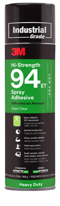 3M Hi-Strength Spray Adhesive 94ET, Low VOC <20%, Clear, 24 fl oz (Net Wt 19.8 oz)