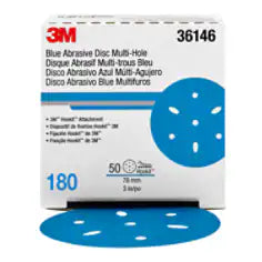 3M Hookit Blue Abrasive Disc 321U, 36146, 3 in, 180, Multi-hole, 50 Discs/Carton