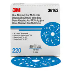 3M Hookit Blue Abrasive Disc 321U, 36162, 5 in, 220, Multi-hole, 50 Discs/Carton