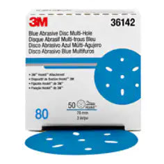3M Hookit Blue Abrasive Disc 321U, 36142, 3 in, 80, Multi-hole, 50 Discs/Carton