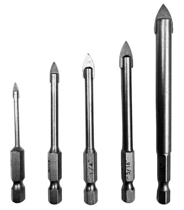 5 Piece Carbide Tipped Glass & Tile Drill Bit Set with Hex Shank
