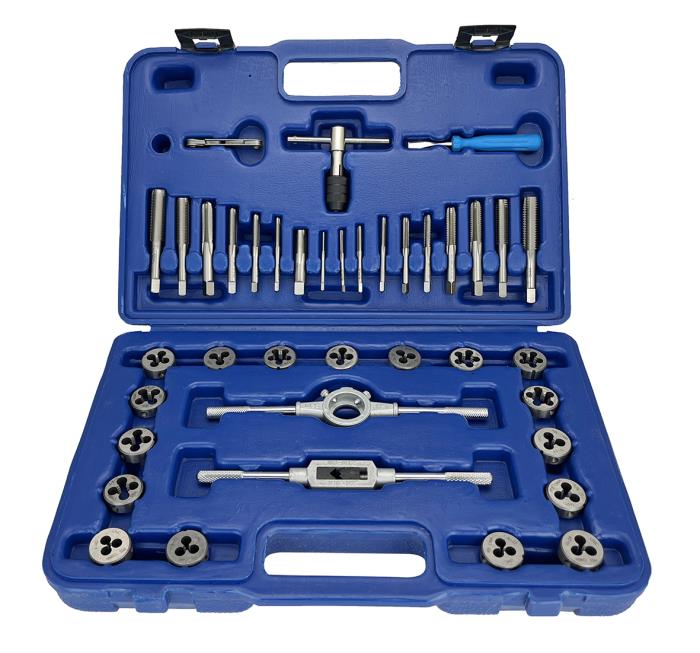 39 Piece NC NF HSS Round Tap and Die Set (#4 - 1/2) with 1 OD Round Dies and Handles