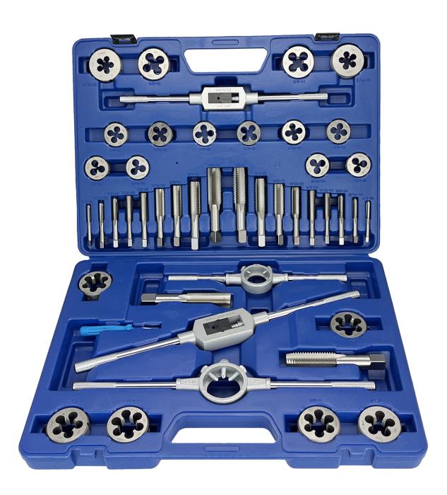 45 Piece NC NF HSS Round Tap and Die Set (1/4 - 1) with 1-1/2 OD Round Dies and Handles