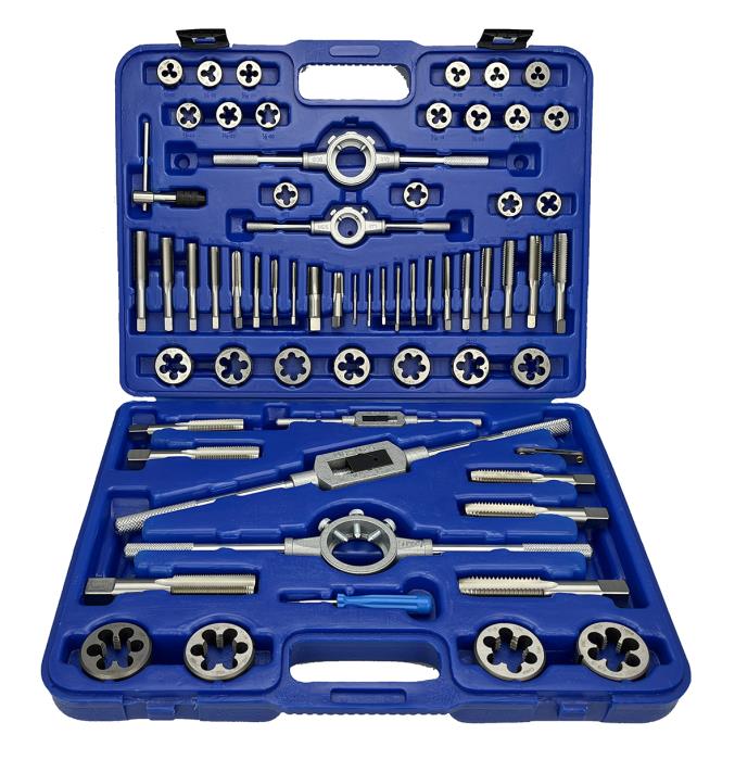 64 Piece NC NF HSS Round Tap and Die Set (#4 - 1) with 1 - 2 OD Round Dies and Handles