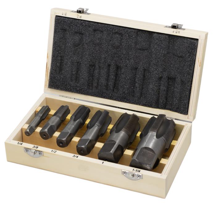6 Piece High Speed Steel NPT Pipe Tap Set (1/4" 3/8" 1/2" 3/4" 1" and 1-1/4" in Wooden Case)