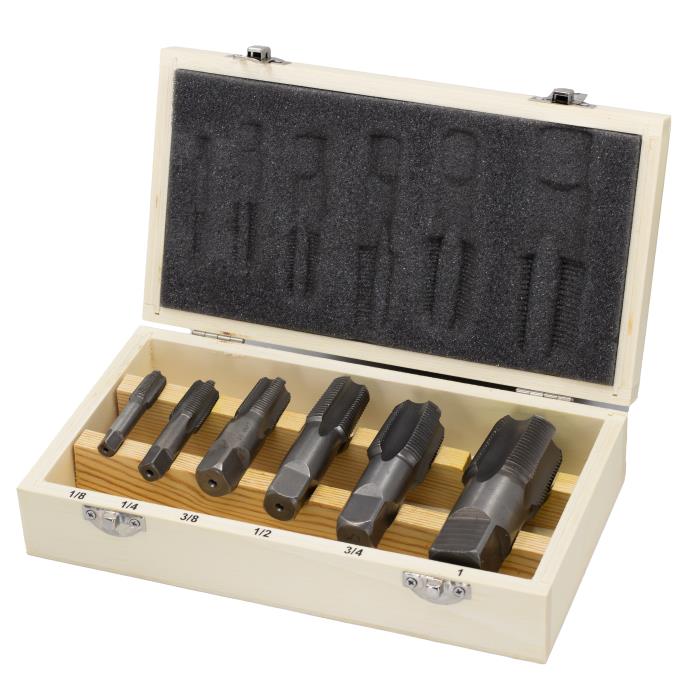 6 Piece Carbon Steel NPT Pipe Tap Set (1/8" 1/4" 3/8" 1/2" 3/4" and 1" in Wooden Case)